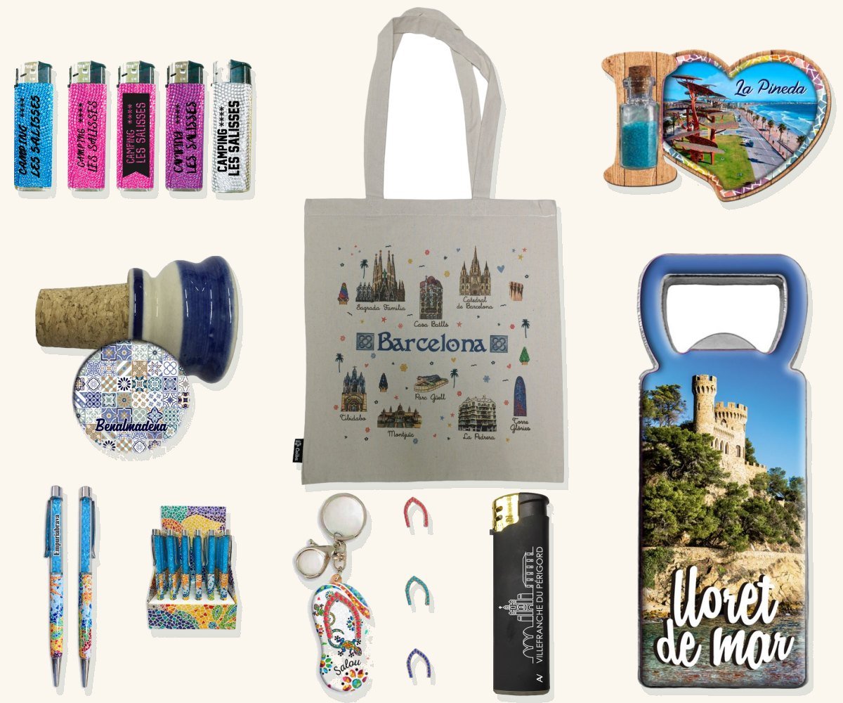 Ejemplos de artículos personalizados: tote bag, mecheros, imán, tapón de vino, bolígrafos, abridor y llavero